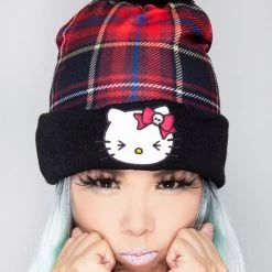 BIOWORLD X Hello Kitty Plaid Punk Pom Beanie