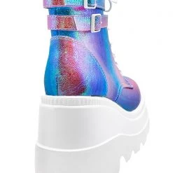 Demonia Shaker Metallic Iridescent Platform Boots In Pink Purple