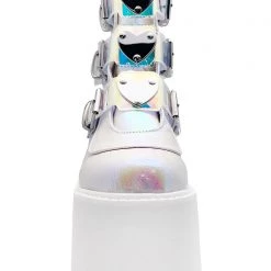 Demonia Swing Strapped Platform Boots In Iridescent Pearl