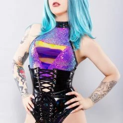 J Valentine Holographic Black Feather Hourglass Waist Cincher World Tour
