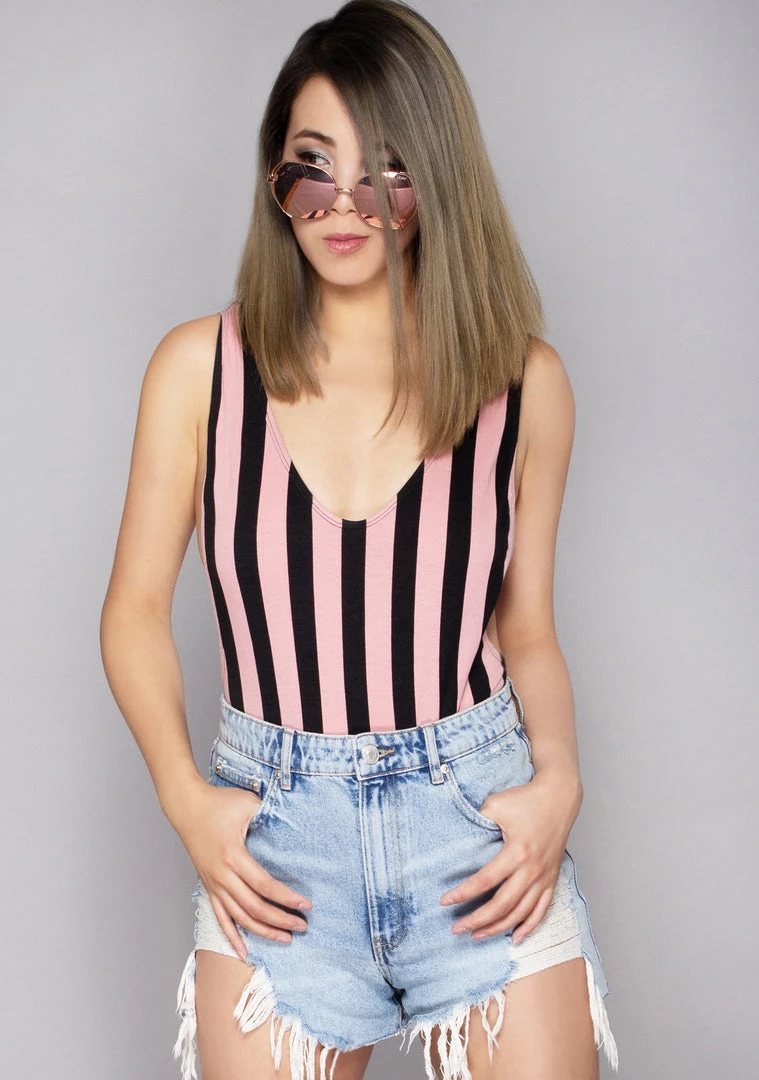 Motel Rocks Lalung Lycra Stripe Bodysuit In Pink/Black Women's Festival 3 Motel Rocks Lalung Lycra Stripe Bodysuit In Pink/Black Women's Festival