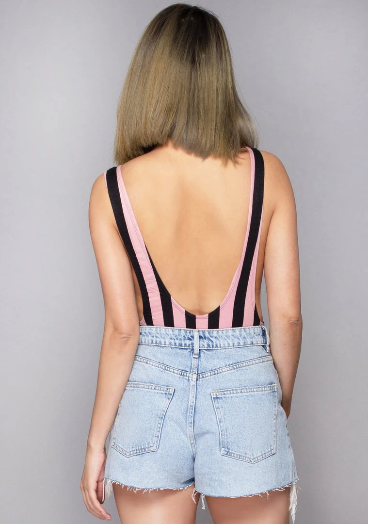 Motel Rocks Lalung Lycra Stripe Bodysuit In Pink/Black Women's Festival 4 Motel Rocks Lalung Lycra Stripe Bodysuit In Pink/Black Women's Festival