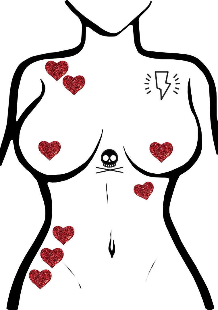 Pastease Accessories Body Minis Red Glitter Heart Nipple & Body Pasties 8PK Set