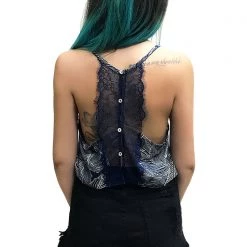 UNIQ Floral Lace Crop Tank Top In Navy Women's Festival
