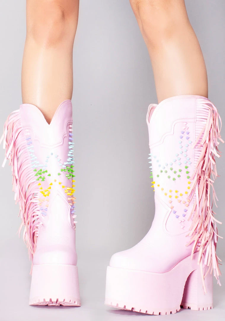Y.R.U. World Tour Bad B Fringe Platform Boots In Pink Pastel 3 Y.R.U. World Tour Bad B Fringe Platform Boots In Pink Pastel