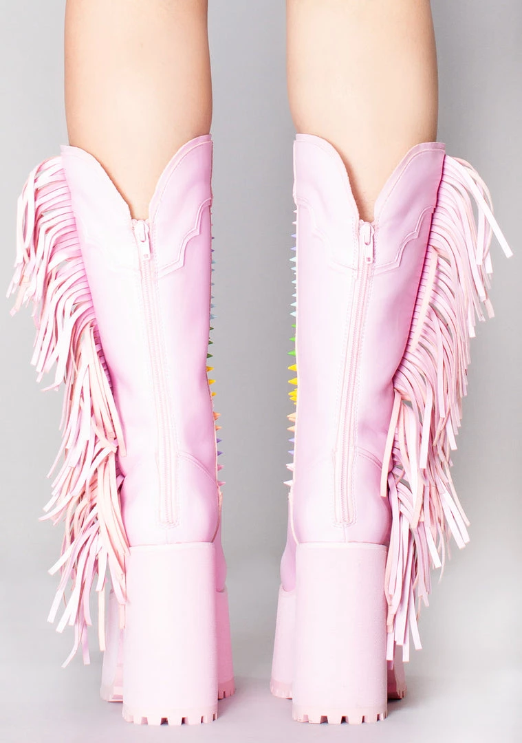 Y.R.U. World Tour Bad B Fringe Platform Boots In Pink Pastel 5 Y.R.U. World Tour Bad B Fringe Platform Boots In Pink Pastel