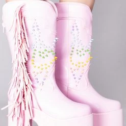 Y.R.U. World Tour Bad B Fringe Platform Boots In Pink Pastel