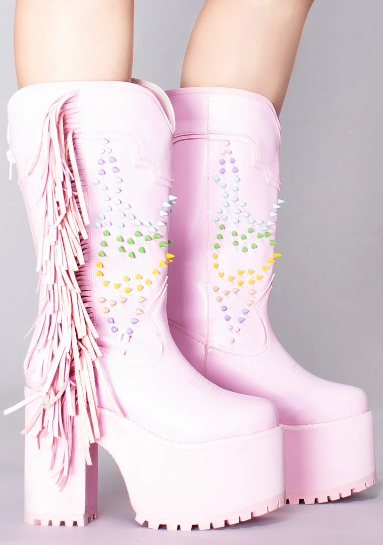 Y.R.U. World Tour Bad B Fringe Platform Boots In Pink Pastel 4 Y.R.U. World Tour Bad B Fringe Platform Boots In Pink Pastel