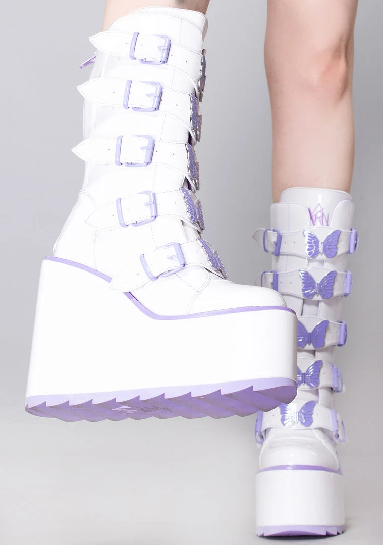 Y.R.U. Dune Butterfly Platform Boots In White Lavender New 4 Y.R.U. Dune Butterfly Platform Boots In White Lavender New