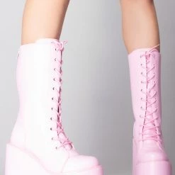 Y.R.U. Dune Lace Up Platform Boots In Baby Pink
