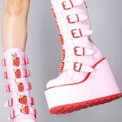 Y.R.U. Dune Strawberry Platform Boots In Pink Red