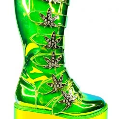 Y.R.U. Mad World Karma Hi Weed Platform Boots In Green Atlantis